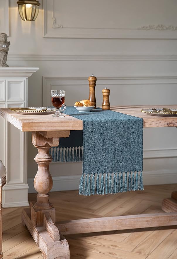 ZeeMart Blue Table Runners 48 Inches Long, Burlap Linen Style Rustic Farmhouse Table Runner, Small Short Boho Coffee Table Runner, 13x48 Inches, Blue