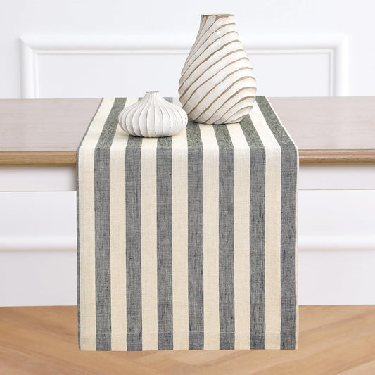Solino Home Linen Table Runner 72 Inches Long - Sorrento Stripe, 100% Pure Linen Black and Natural Table Runner 14 x 72 Inch for Dining, Dresser, Fall, Autumn, Thanksgiving