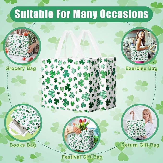 Abbylike 30 Pcs St Patrick's Day Lucky Gift Bag Large Irish Gift Bags Shamrock Candy Green Non Woven Bags for Party Favor