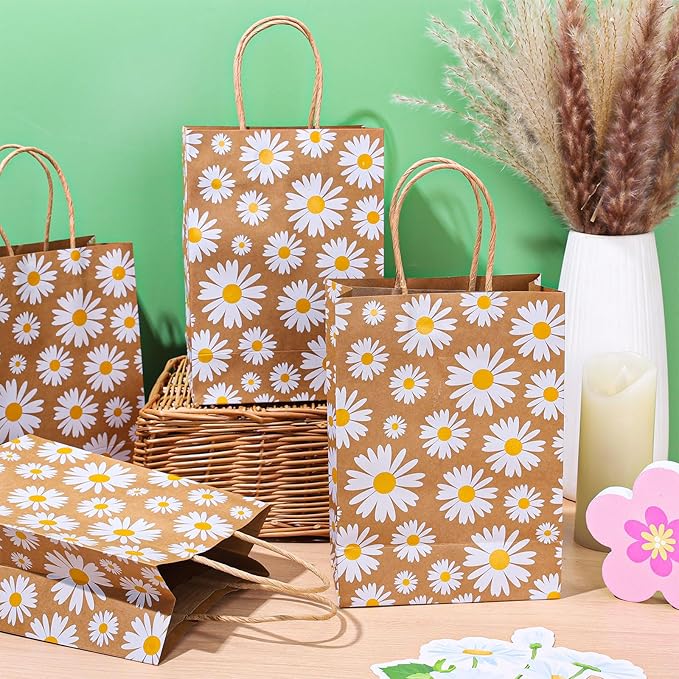Whaline 12 Pack Daisy Flower Goodie Bags Hippie Daisy Flower Gift Kraft Paper Bags with Handles Floral Gift Bags for Spring Party Favor Wedding Birthday Shopping Baby Shower, 5.9 x 8.3 x 3.1 Inch