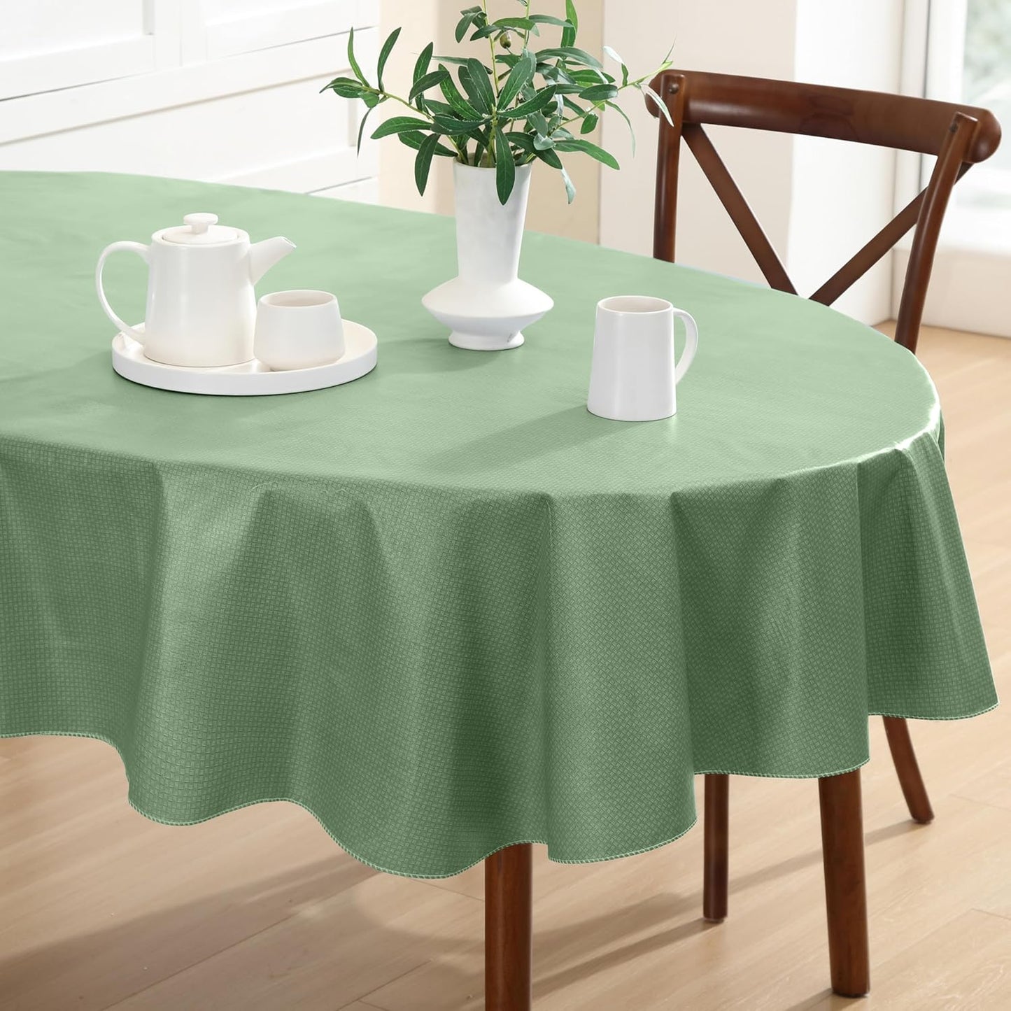 Newbridge Basketweave Vinyl Flannel Backed Tablecloth, 60 x 84 Inch Oval, Sage Green, Basket Weave Textured Indoor Outdoor Waterproof Table Cover for Patio, Kitchen, Dining