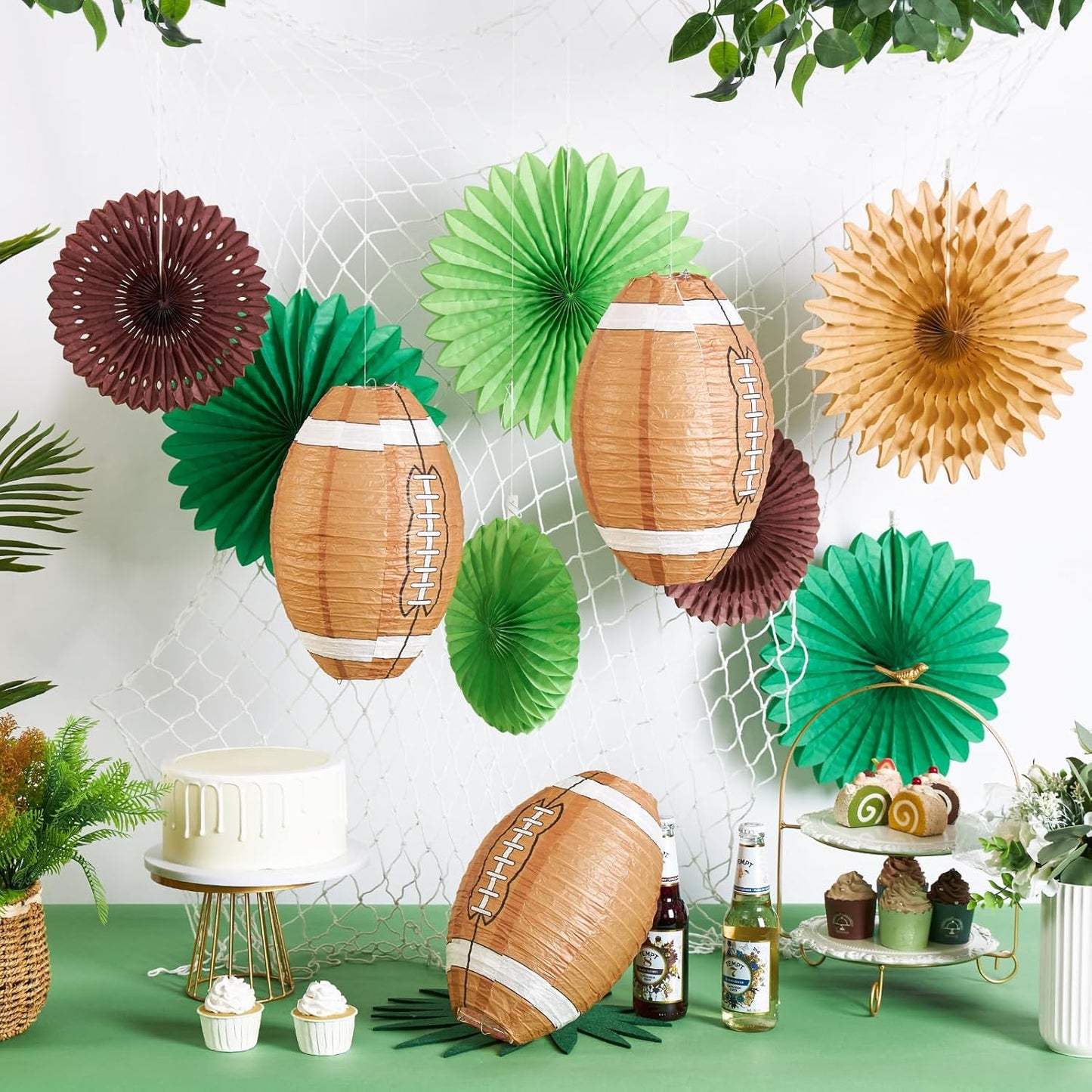 Football Party Decorations, Super Bowl Party Decorations, Football Paper Lanterns and Green Brown Hanging Paper Fans, for Boy's First Year Down Birthday Party Decorations