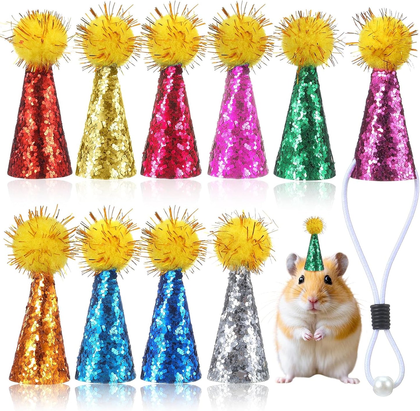10 Pcs Party Hats for Stuffed Animals, Multi-Color Glitter Adjustable Mini Party Hats for Stuffed Animals, Mini Birthday Hat with Tinsel Pom Pom for Small Pets, Dolls Decorations