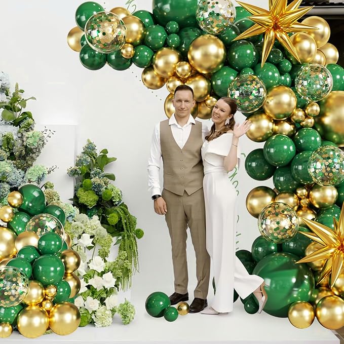 Green and Gold Balloon Garland Arch Kit, 140Pcs Emerald Green Gold Confetti Balloons With Stars for Birthday Wedding Birdal Shower Christmas Graduation Party Decorations