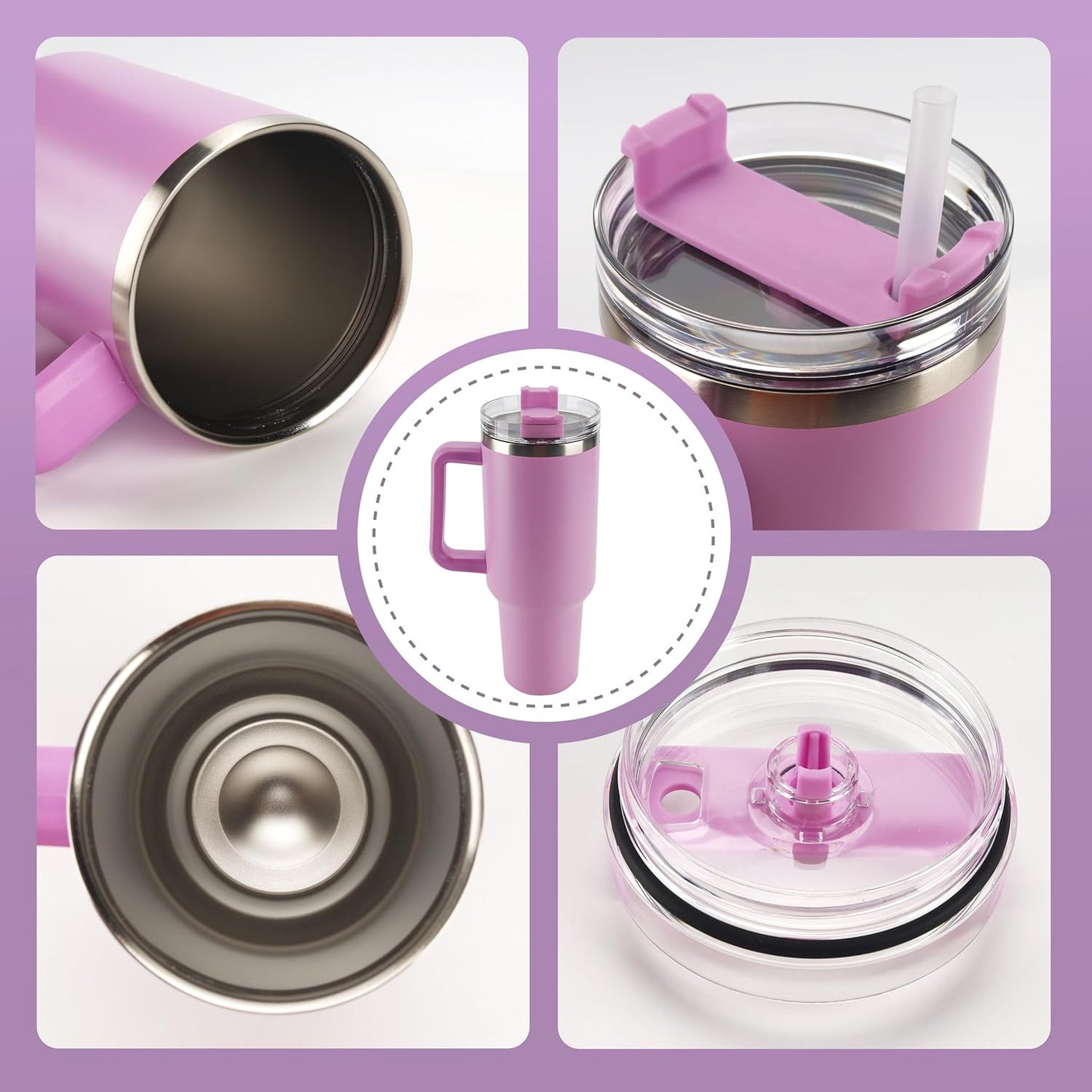 40 oz Tumbler with Handle and Straw Spill Proof Large Travel Coffee Mug Insulated Reusable Stainless Steel Cup with Lid Fit for Car Cup Holder(Lilac)