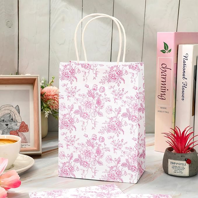 JarThenaAMCS 24Pcs Pink Floral Paper Bag Vintage Flower Candy Treat Bags with Handles Chinoiserie Grocery Shopping Bag for Birthday Wedding Party Favors Supplies