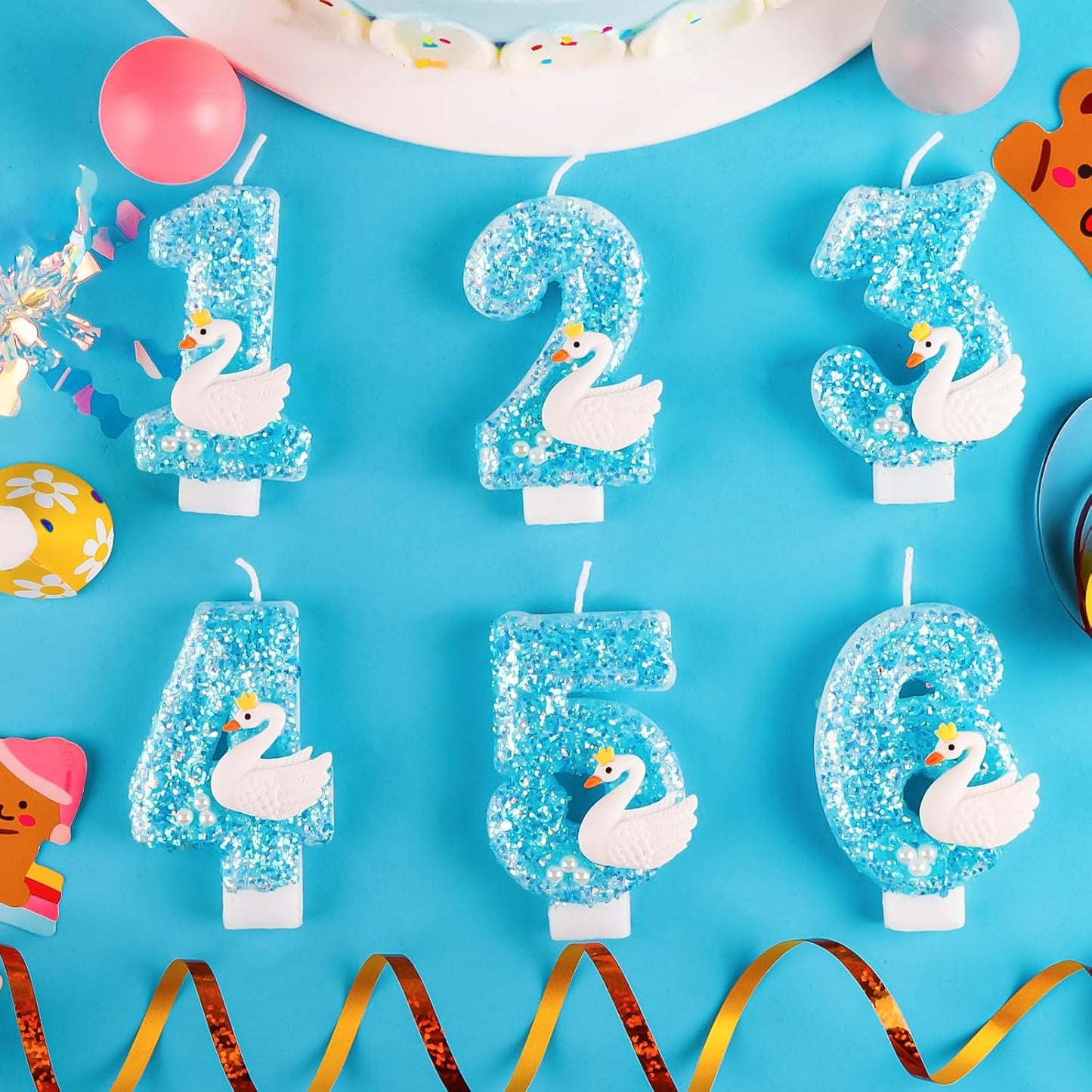 Girls Blue Lake White Pearls Swan Glitter 2 Birthday Number Candles for Girls 2 Birthday Cakes Swan Themed Birthday Decorations Party Favors