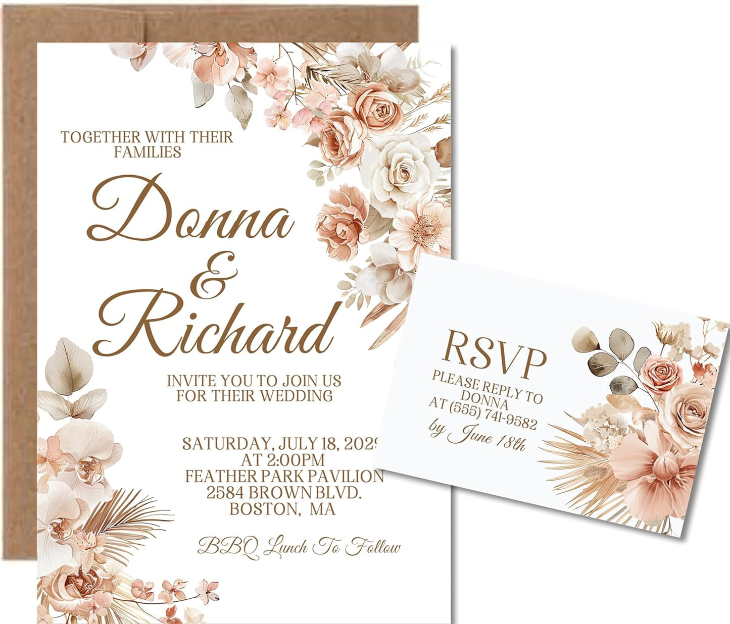 Neutral Blush Rose & Pampas Grass Wedding Invitations, Boho Design, Personalized, Set of 12 Invitations with Envelopes