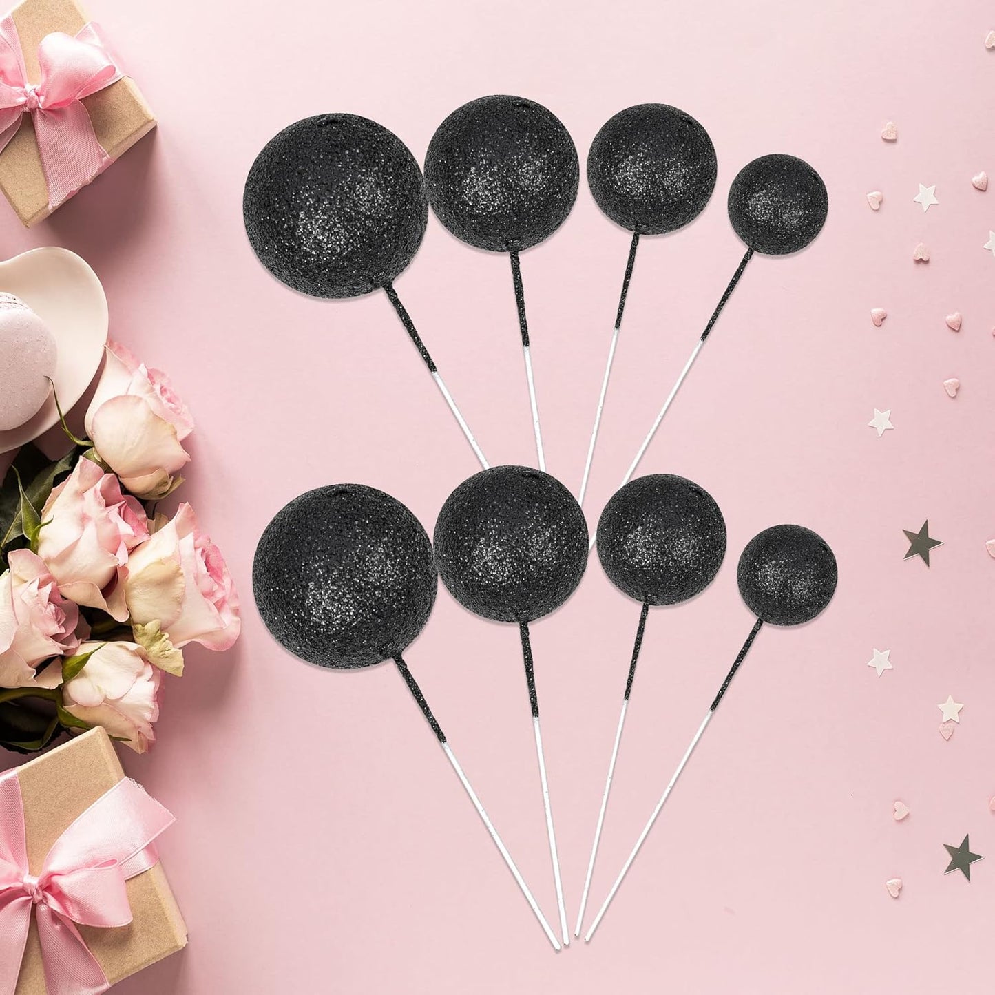30Pcs Mini Balloon Cake Topper Glitter Foam Ball Cake Picks Decorations Faux Pearl Balls DIY Cake Insert Topper Baking Decoration for Baby Shower Wedding Anniversary Birthday Party Supplies Black