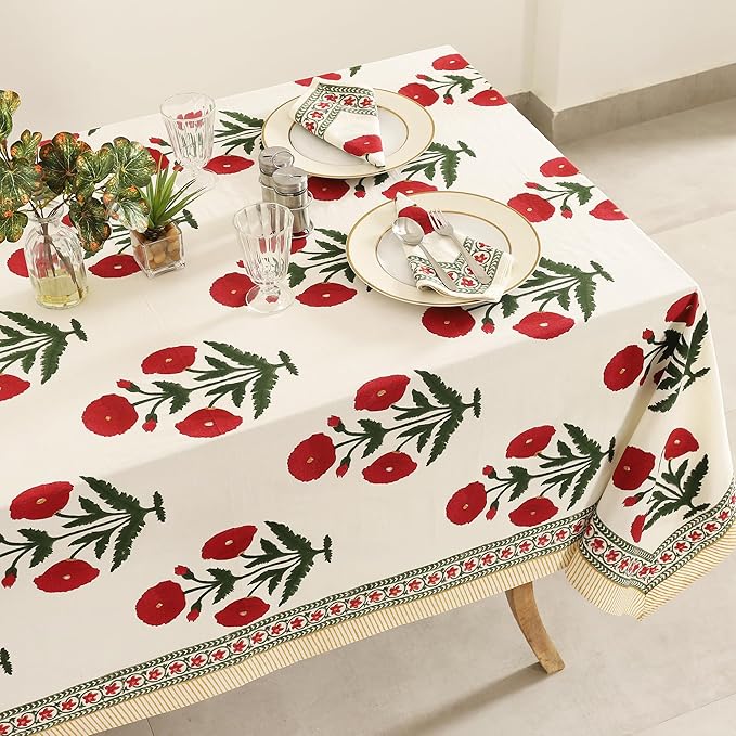 Labhanshi Indian Handblock Print Pre-Washed Cotton Floral 60x90 Inch Rectangle 6-Seater Tablecloth|Rustic Farmhouse Decorative Party Event Wedding Thanksgiving Festive Holiday Decor|Red Poppy