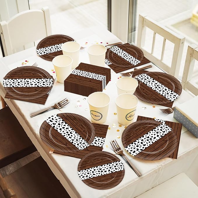 96Pcs Western Party Paper Plates and Napkins Cow Print Dessert Plates Cowboy Party Favors Supplies Tableware for Wild West First Rodeo Cowgirl Bachelorette Baby Shower Birthday Gatherings Decorations