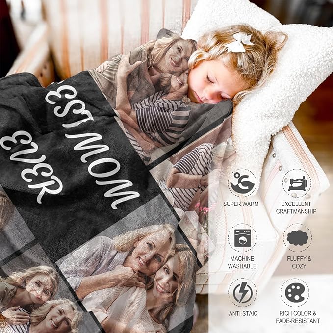 Mothers Day Blanket Gifts for Mom,Custom Blanket with Picture Text Personalized Photo Throw Blanket Customized New Moms Gift from Daughter Son Husband, Birthday Gift for Wife Grandma Grandmother Women