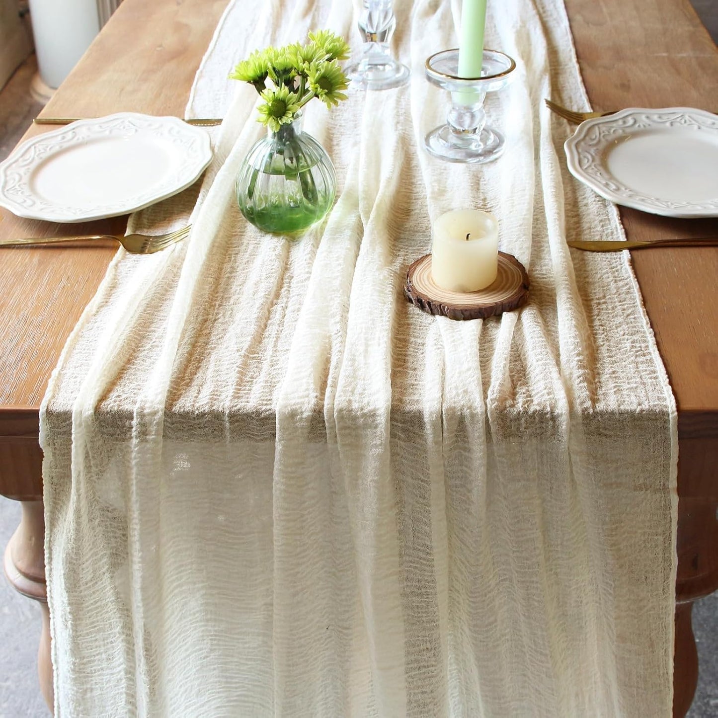 FEXIA Beige Table Runner Ivory Cheesecloth Table Runner 30x118 Inches Rustic Gauze for Easter Decor Wedding Baby Shower Bridal Shower First Communion Home Decorations