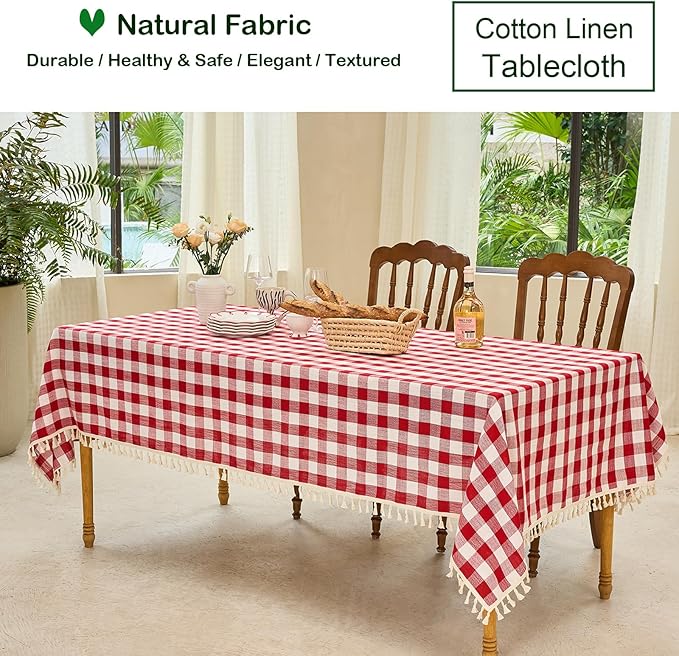 Table Cloth Square Table-Rustic Gingham Tablecloth Buffalo Plaid Table Cloth for Thanksgiving Christmas Kitchen Dining Room (55x55 Inch,Red and White)