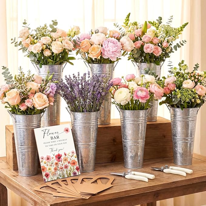 LEIFIDE 39 Pcs Flower Bar Buckets Set Kit Bloom Bar Supplies Include Wood Sign Gift Bags Iron Bucket Garden Flower Shears for Valentine Days Wedding Bridal Shower Table Centerpieces (Silver)