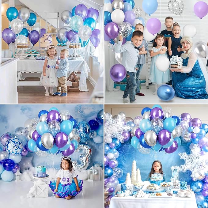Blue and Purple Balloons, 60pcs 12Inch Macaron Metallic Blue Purple Snowflake Confetti Latex Balloons with Ribbon for Girls Party Snowflake Ice Snow Theme Birthday Party Decoration