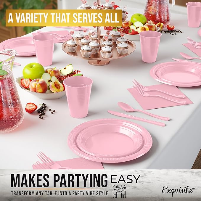 350 Pcs Pink Plastic Plates For Party, Pink Disposable Plates Set, 50 Of Each 9" Dinner Plate Set, 7" Dessert Plate, Cups, Napkins & Cutlery Plastic Dinnerware Exquisite