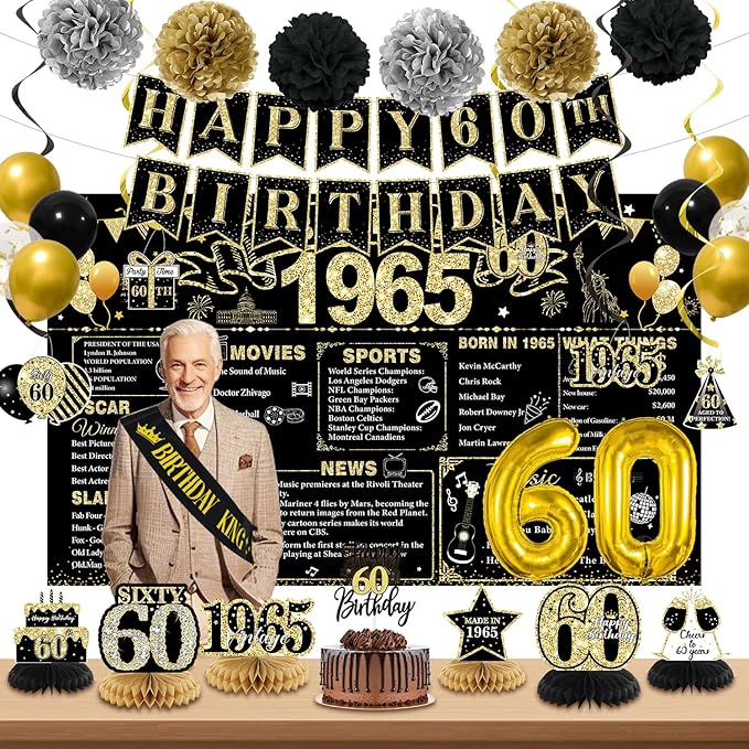 60th Birthday Decorations for Men, Black Gold Back In 1965 Birthday Banner Decorations, Vintage 60th Birthday Table Decorations, Cake Topper, Balloons, Backdrop, Sash Party Supplies for Men