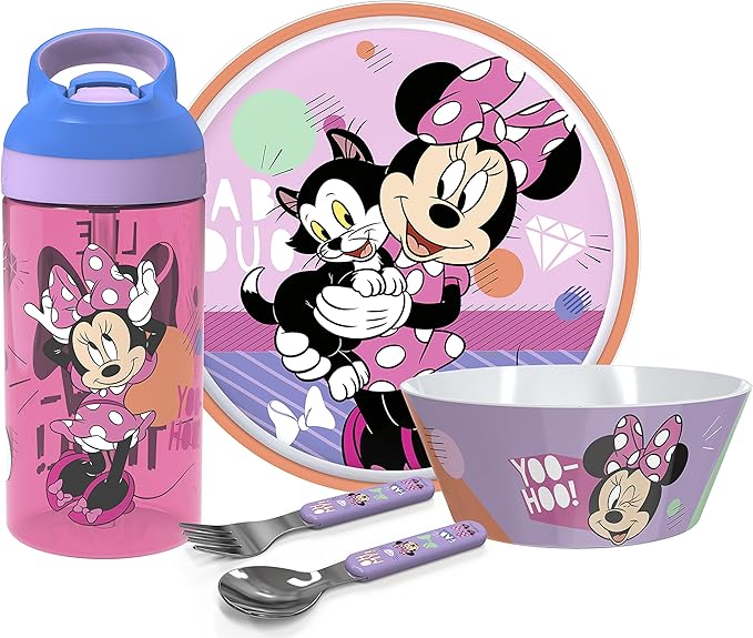 Zak Designs 5-Piece Dinnerware Set, Disney Minnie Mouse - Durable Plastic & Stainless Steel - Includes Water Bottle, 8-Inch Plate, 6-Inch Bowl, Fork & Spoon - Suitable for Kids Ages 3+