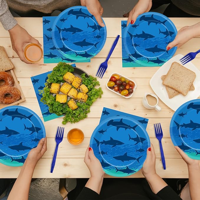 96PCS Shark Birthday Paper Plates Napkins Forks Set for Ocean Shark Themed Party Disposable Decor Under the Sea Party Tableware Sets for Baby Shower Ocean Animal Theme Party Decorations