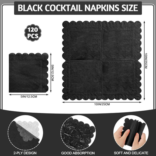 120 Pcs Cocktail Napkins Black Napkins Disposable Scalloped Bar Napkin Beverage Dessert Napkin for Birthday, Coffee, Bar, Kitchen, 5 x 5 Inch