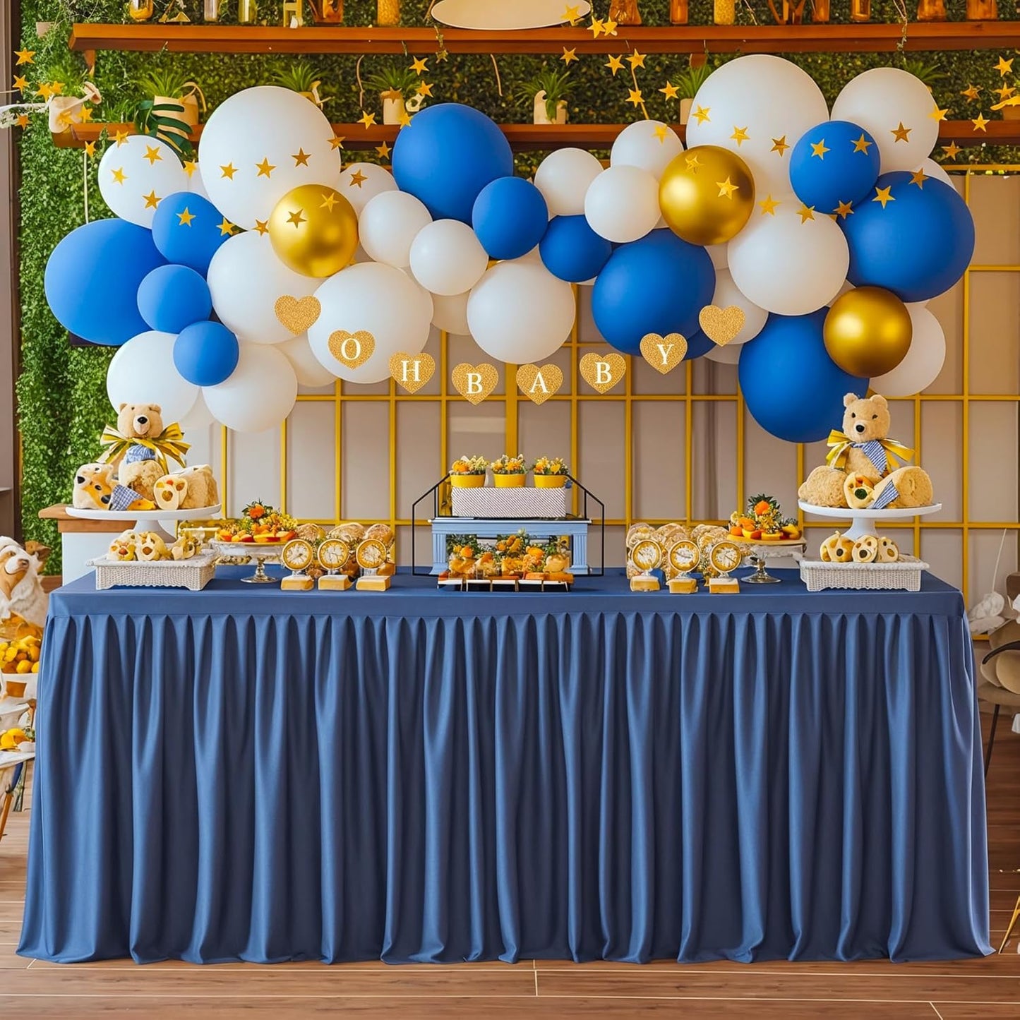Navy Blue Polyester Table Clothes for 4 Foot Rectangle Tables, Wrinkle Free Fitted Table Cover with Pleated Ruffle Table Skirt for Birthday Party Wedding Trade Show Event Display