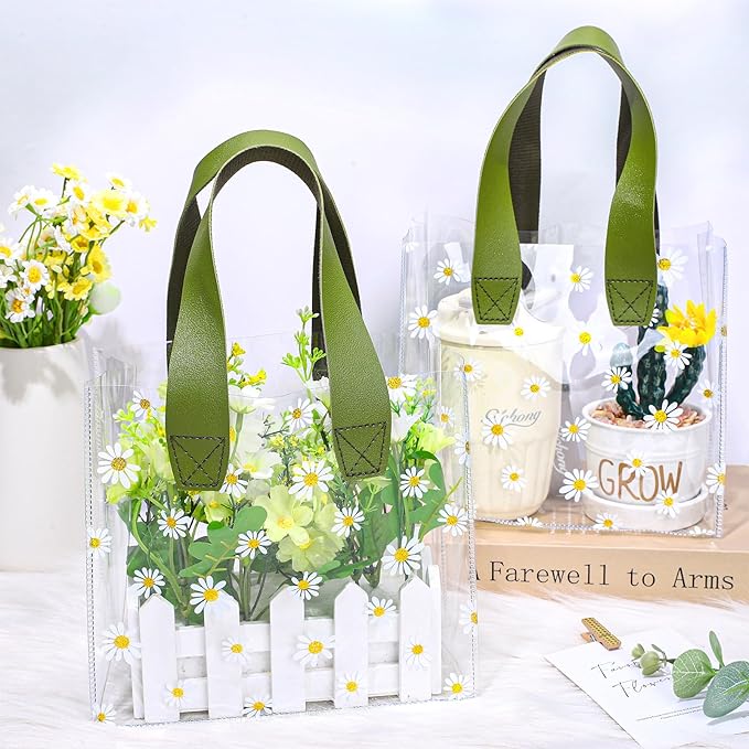 Whaline 12Pcs Daisy Clear PVC Gift Bags with Green Handle Cute Flower Reusable Transparent Treat Bags for Spring Mother's Day Wedding Birthday Bridesmaid Baby Shower Party Favor