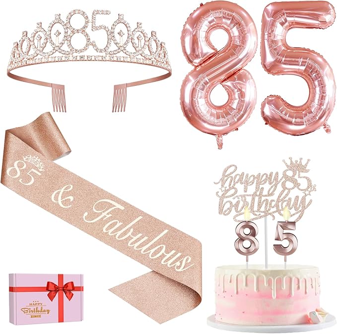 85th Birthday Party Decorations, Including 85th Birthday Sash and Crown, Cake Topper and Candles, Number Balloons, 85 Year Old Decorations Gifts Idea