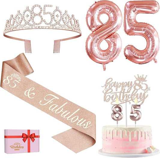 85th Birthday Party Decorations, Including 85th Birthday Sash and Crown, Cake Topper and Candles, Number Balloons, 85 Year Old Decorations Gifts Idea
