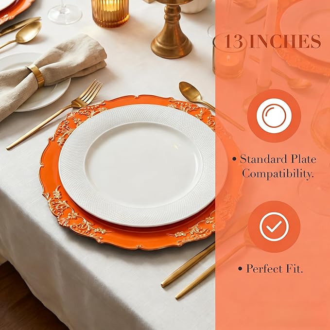 Orange Charger Plates, 13 Inch Embossed Chargers for Dinner Plates. Plastic Charger for Wedding, Party. (Set of 6)