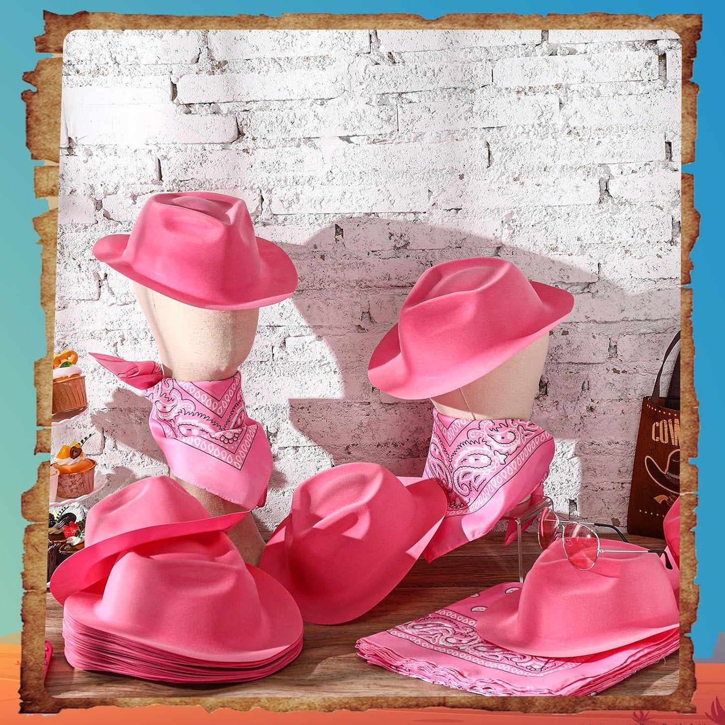 Hillban 72 Pcs Western Cowboy Hat and Paisley Bandana Set for Kids Felt Cowboy Party Hats for Costume Party Favors(Pink)