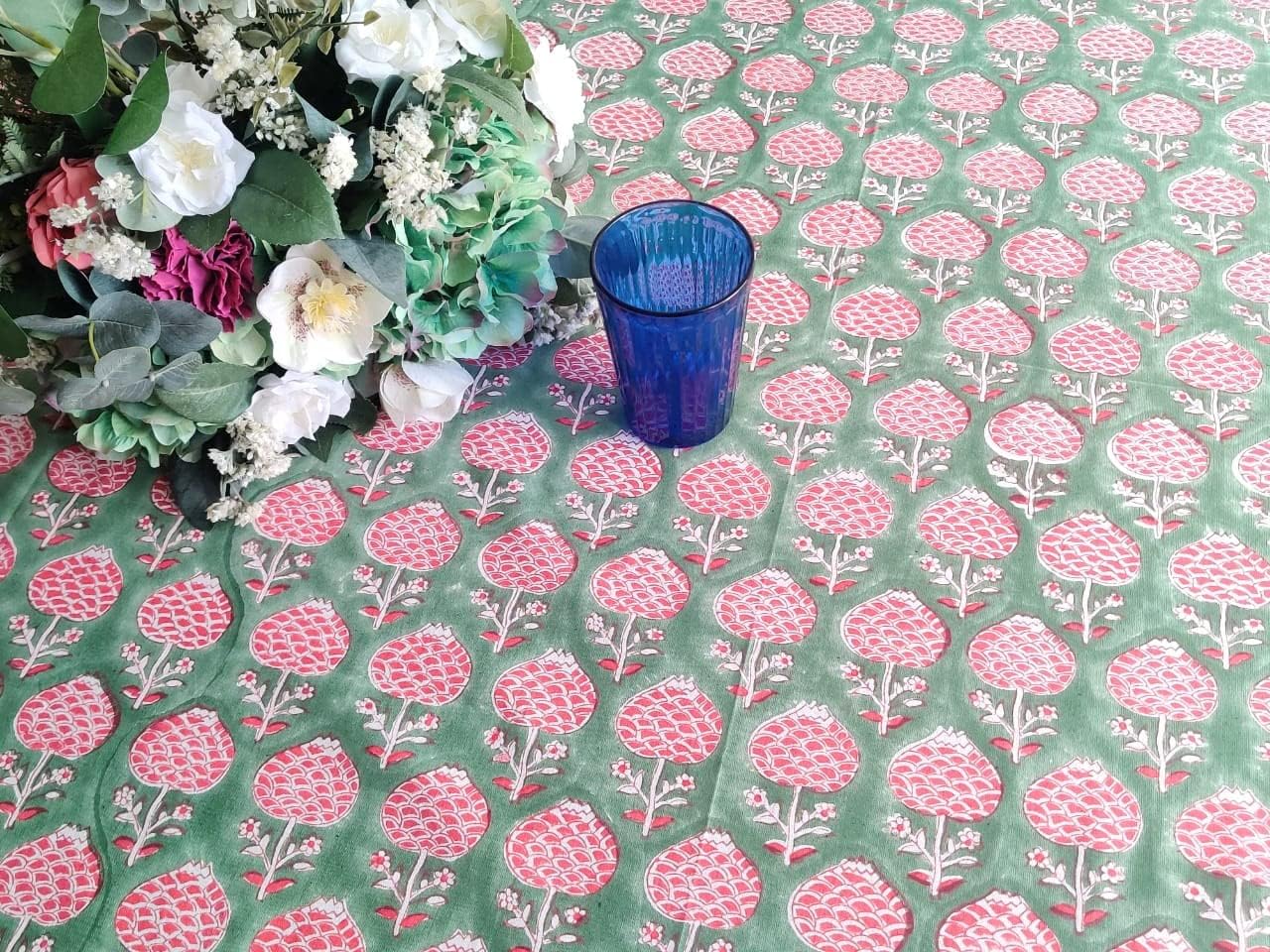 ATOSII Roma Green 100% Cotton Rectangle Spring Summer Tablecloth, Handblock Floral Table Cloth Linen for Kitchen Dining I Parties Wedding Outdoors Easter Picnics Holidays I 72 X 140 Inches I 12 Seater