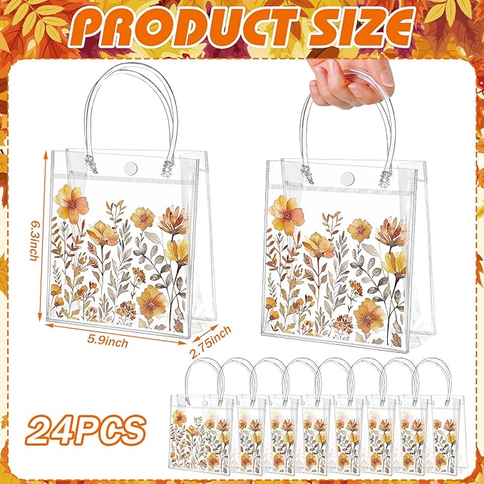Tioncy 24 Pcs Spring Floral Clear Gift Bags Boho Flower Transparent candy Bags with Handle Wild Floral PVC Treat Bag for Wedding Favors Birthdays Supplies