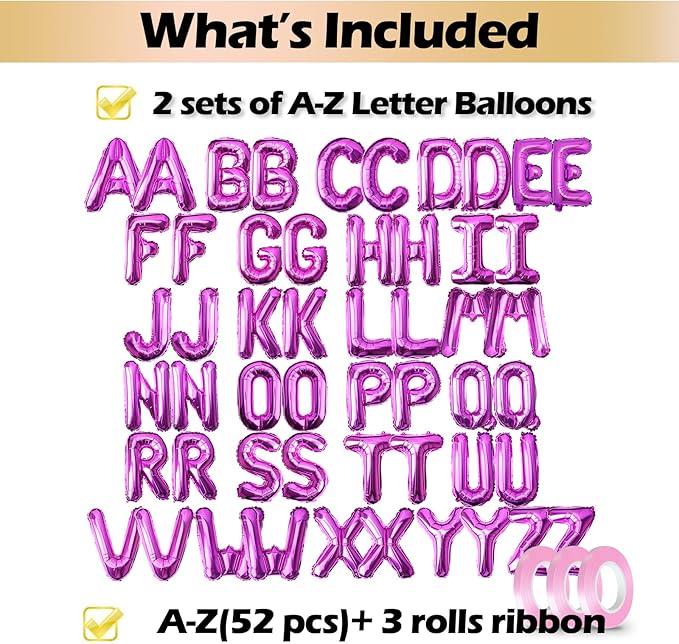[52 PCS] 16" Foil Hot Pink Letter Balloons 2 Sets of A-Z, Mylar Aluminum Hanging Alphabet for Romance Valentine's day Graduation New Year eve Birthday Party Decorations