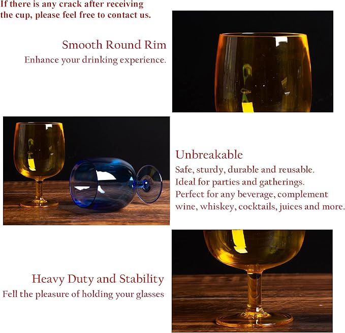 Classic Stackable 12 ounce Plastic Wine Stems Acrylic Glasses, set of 8 Multicolor