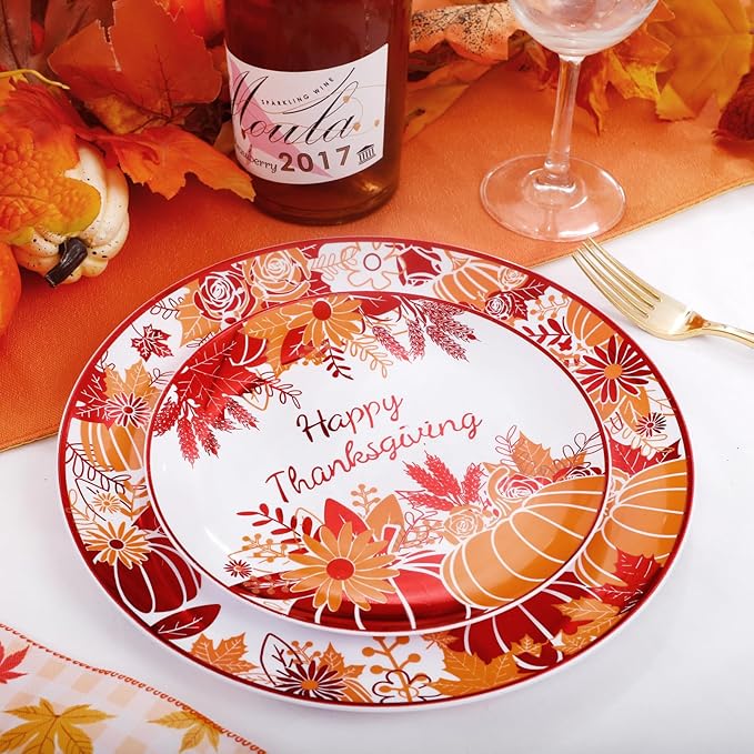 Rubtlamp 60PCS Thanksgiving Plastic Plates, White Orange Pumpkin Plates, Red Disposable Plates with Maple Leaves, Fall Disposable Plates Include 30 Dinner Plates, 30 Salad Plates For Thanksgiving