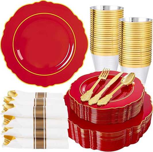 Liacere 175PCS Red Plastic Plates - Red Disposable Plates With Gold Rim -25Guest Baroque Plastic Dinnerware include 50Plates-25Pack Pre Rolled Napkins with Silverware 25Cups for Wedding&Party