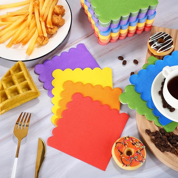 durony 150 Pack Scalloped Napkins 5 x 5 Inch Disposable Paper Napkins Gradient Color Napkins with Scalloped Edges for Dinner Wedding Birthday Party Supplies, Bright Rainbow