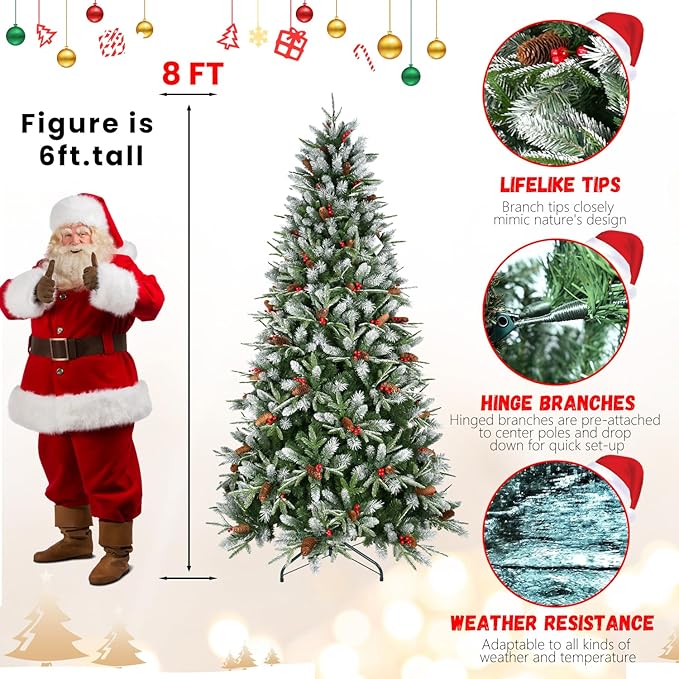 8FT Frosted Artificial Christmas Tree with 2850 PE+PVC Branch Tips, Realistic Unlit Christmas Tree with Red Berry and Pine Cone, Memory Wire Hinged Full Xmas Tree with Metal Base for Party, Holiday