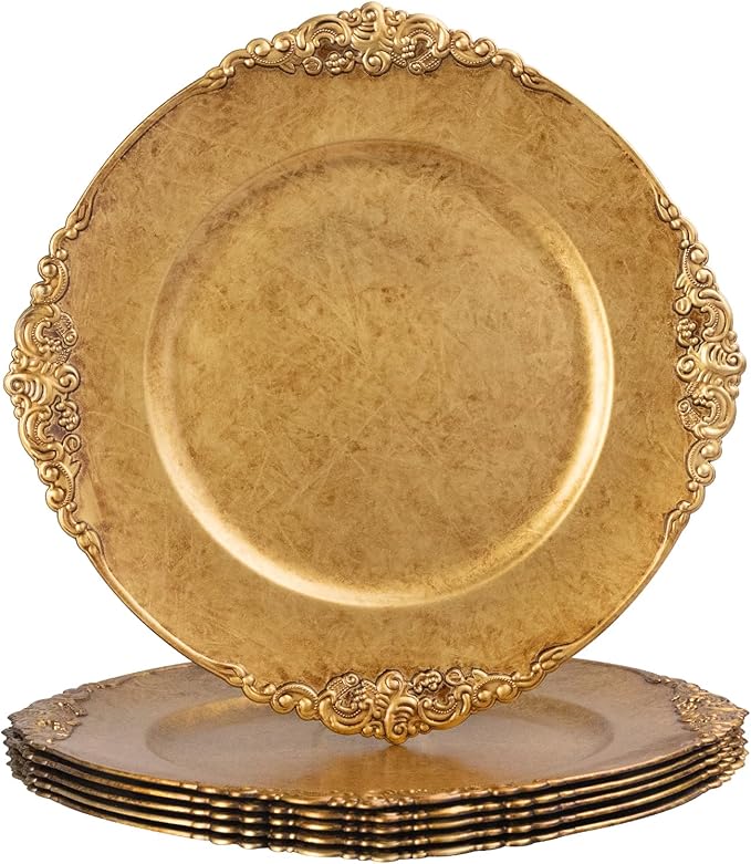 MAONAME Antique Gold Charger Plates, Round Antique Plate Chargers for Dinner Plate, 13" Plastic Charger for Plates, Wedding Table Setting, Set of 6