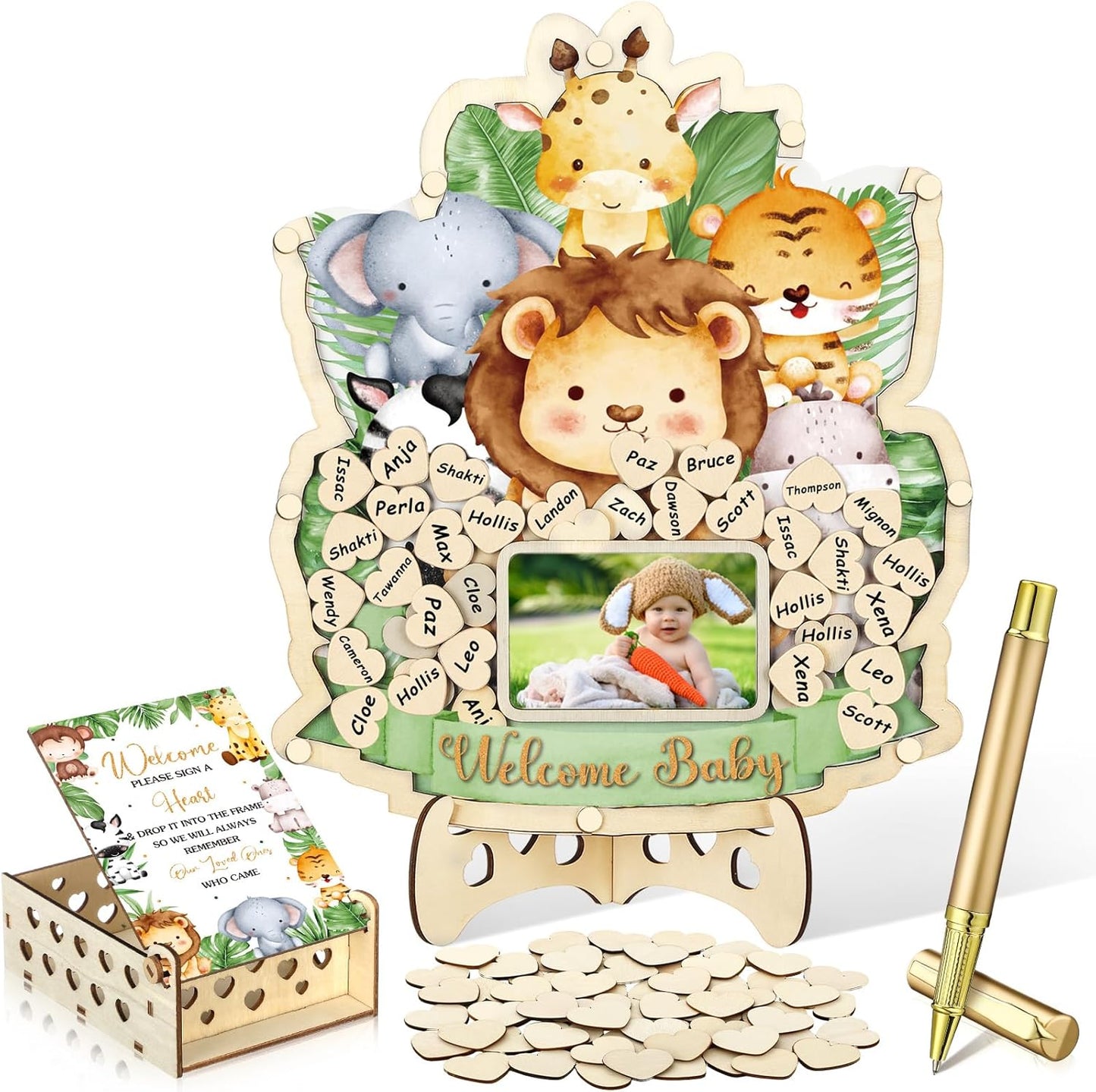 Wenqik 63 Pcs Safari Animal Baby Shower Guest Book Alternatives Set Baby Shower Decorations with Photo Frame Sonogram Frame Keepsake 60 Wood Slices Guest Book for Birthday