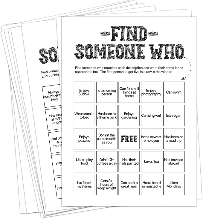 Sahjzk Office Bingo Cards, 25 Unique Randomized 5x7 Sheets, Get to Know You Bingo Game for Adults, Ice Breaker Office Party Games, Team Building Games for Work, High Replay Value - B005