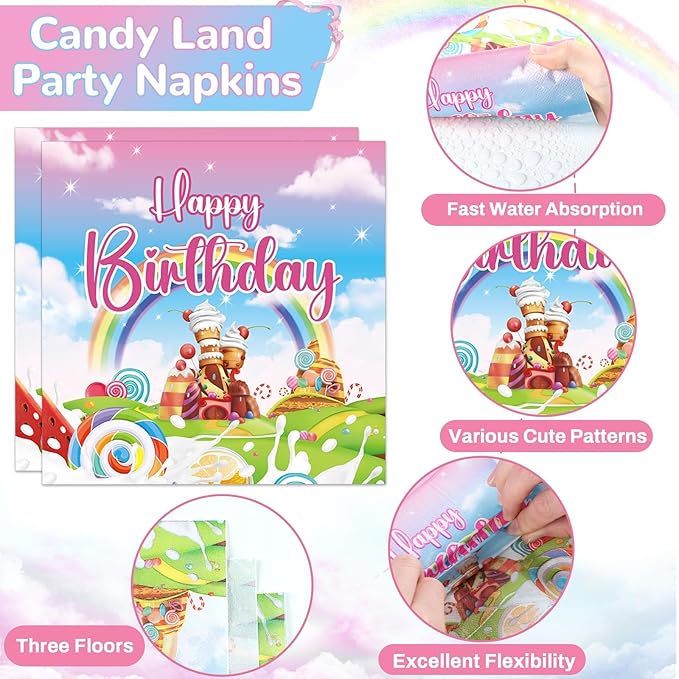 96Pcs Candyland Party Supplies Candyland Birthday Paper Plates Napkins Disposable Candy Land Party Decorations Sweet Candy Dinnerware Party Favor for Baby Shower Birthday Party Tableware Serves 24