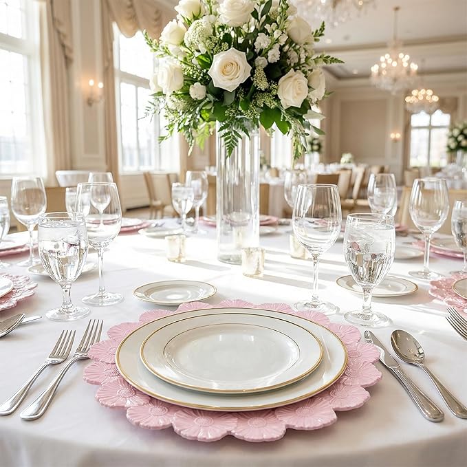 Pink Charger Plates with Flower Rim, 13" Round Charger for Dinner Plates, Set of 6 Plastic Plate Chargers for Wedding, Table Setting
