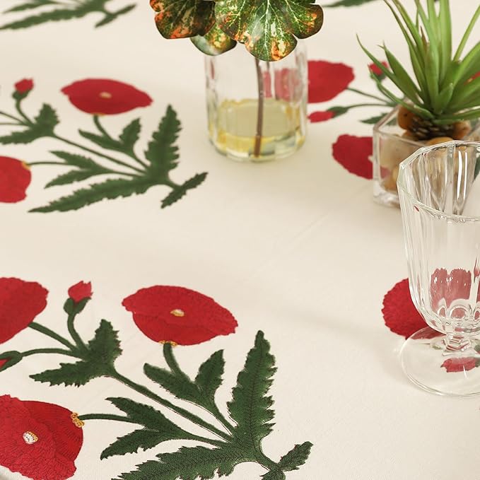 Labhanshi Indian Handblock Print Pre-Washed Cotton Floral Table Cloth|Reusable Rectangle 72x108 Inch 8-Seater Dining Tablecloth|Spring Easter Festive Valentine's Day Decorative Table Cover|Red Poppy