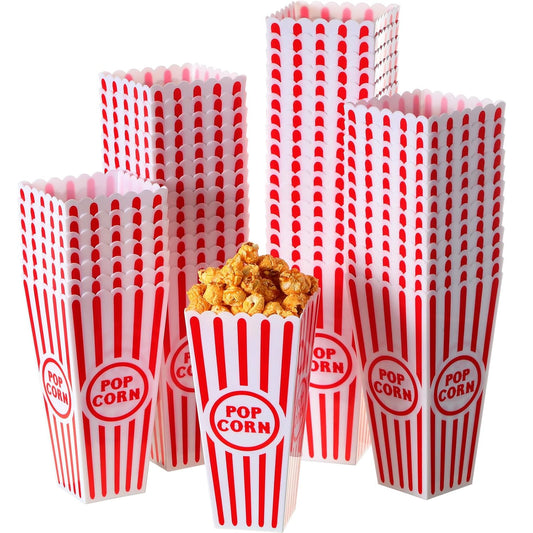 50 Pack Plastic Popcorn Boxes Red and White Striped Popcorn Buckets Bulk Reusable Open Top Containers for Movie Night, Classic Retro Style, 7.7 x 3.9 x 2.4 Inch