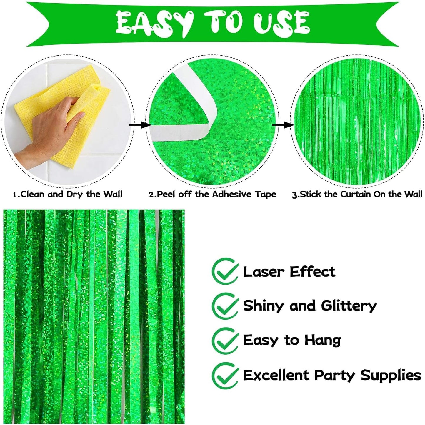 Green Tinsel Foil Fringe Curtain Backdrop, 3.3 x 8.2 ft Metallic Glitter Curtain Streamers, 2 Pack Green Photoboth for Birthday St Patrick's Day Christmas Party Decorations