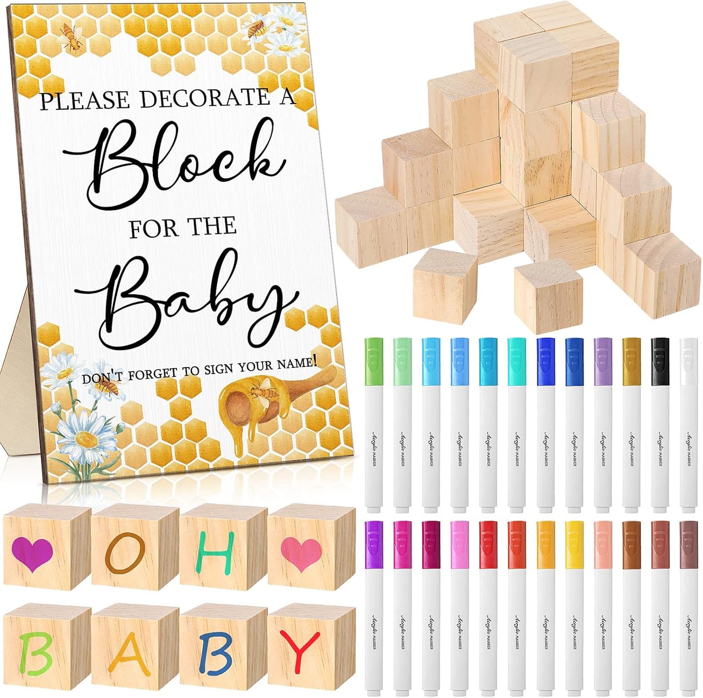 Tatuo 75 Pcs Baby Shower Games Sign Kit Including Decorate a Block Game Sign 50 DIY Wooden Block 24 Acrylic Paint Marker Baby Shower Prize for Gender Reveal Party(Bee)