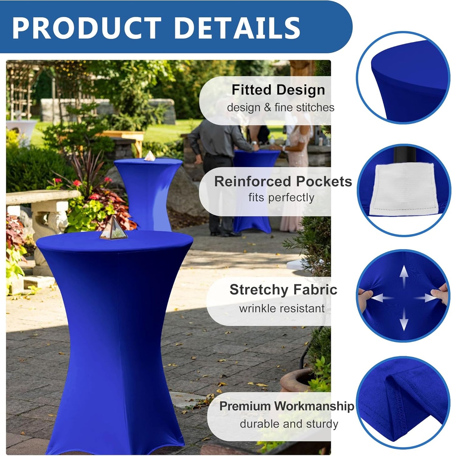 Cocktail Table Covers-Spandex Round High Top Table Cloths 6 Pack 32x43 Inch-Royal Blue Stretch Fitted Bar Tall Tablecloth for Pub Bistro Highboy Party Banquet Height Folding Satnding Tables