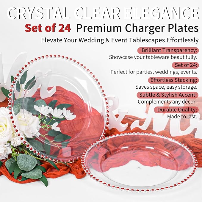 24 Pack Clear Charger Plates Bulk Wedding, 13 Inch Plastic Round Dinner Chargers with Red Beaded Rim, Acrylic Round Decorative Plates for Wedding Party Home and Tabletop Decor (Red)